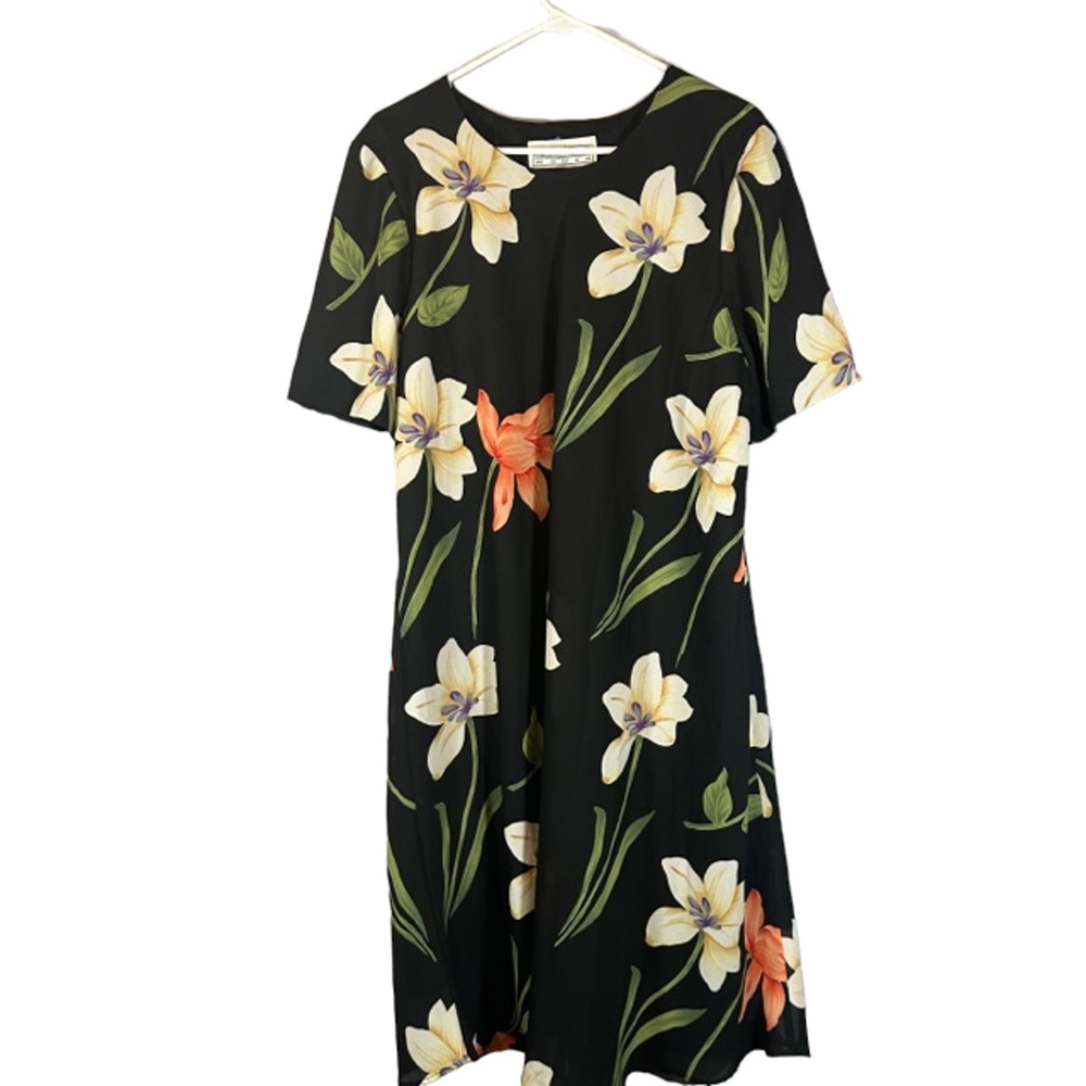 Jessica Howard Black Multicolor Floral Short Sleeve Maxi Dress Women Sz L